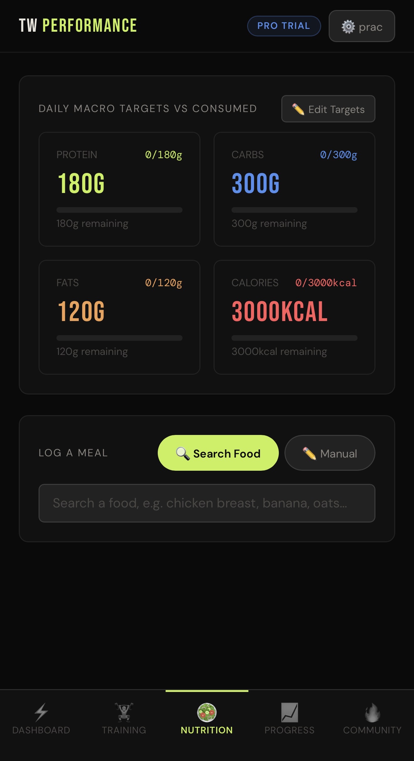 TW Performance nutrition tab — daily macro targets and food search