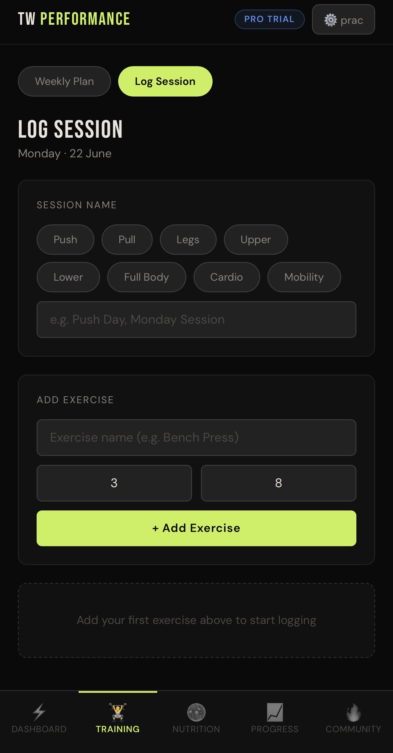 TW Performance training log — adding an exercise with sets and reps